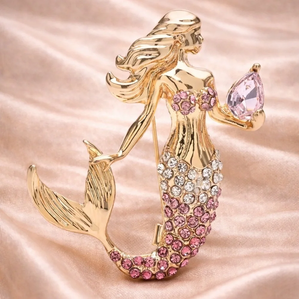 Gold Pink Mermaid Crystal Brooch